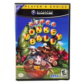 Nintendo GameCube game case for Super Monkey Ball, featuring colorful artwork of monkeys in a jungle setting with the title in large multicolored letters. Visible branding includes Nintendo GameCube, Sega, and the ESRB rating logo.