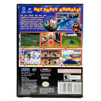 The back cover of Super Monkey Ball Player's Choice case for Nintendo GameCube, featuring colorful promotional artwork, game screenshots, and product information on a black background.