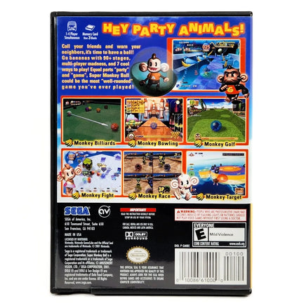 The back cover of Super Monkey Ball Player's Choice case for Nintendo GameCube, featuring colorful promotional artwork, game screenshots, and product information on a black background.