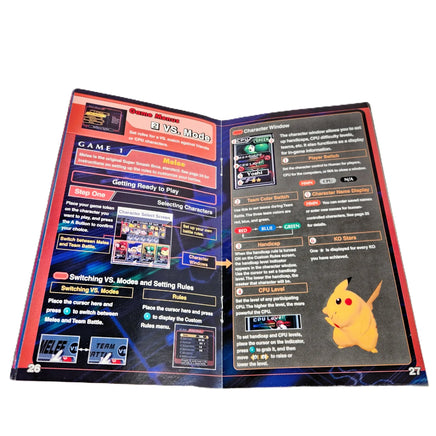 Nintendo GameCube game instruction manual for Super Smash Bros. Melee, shown open at the center to show intact staple binding. 