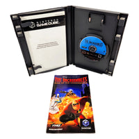 Nintendo GameCube game case for The Incredibles: Rise of the Underminer, shown open with the game disc inside and a printed instruction booklet placed in front on a white background.