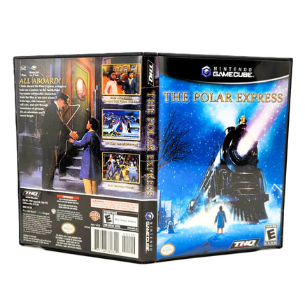 Nintendo GameCube video game case for 'The Polar Express' shown in a three-quarter studio shot displaying the front cover, spine, and back cover against a white background.