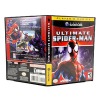 Nintendo GameCube Ultimate Spider-Man player's choice game case, showing the front cover, spine, and back art on a white background.