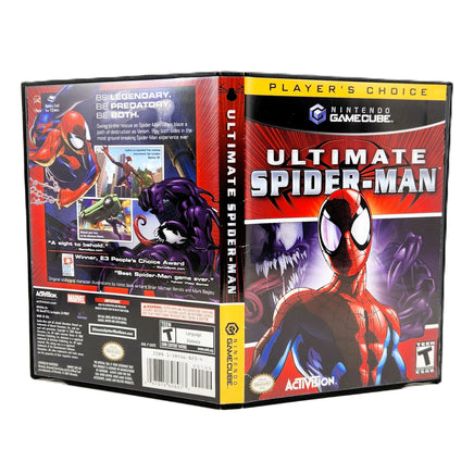 Nintendo GameCube Ultimate Spider-Man player's choice game case, showing the front cover, spine, and back art on a white background.