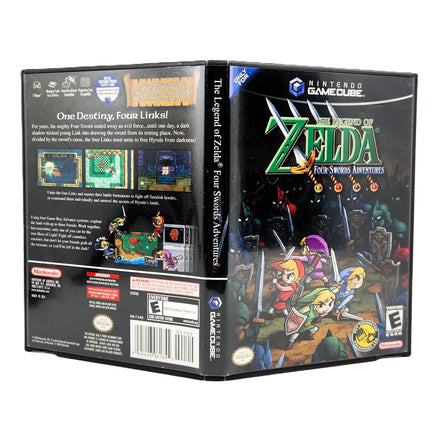 Nintendo GameCube game case for The Legend of Zelda: Four Swords Adventures, shown from the front and back on a plain white background.