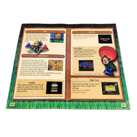 An open printed game instruction booklet for the GameCube release of The Legend of Zelda: Four Swords Adventures, photographed flat against a plain white background. The pages show gameplay text, miniatures, terrain graphics, and game-related illustrations, with grass-like borders around the booklet.