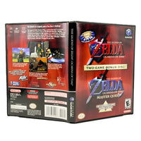 Nintendo GameCube game case for The Legend of Zelda: Ocarina of Time Two-Game Bonus Disc with Master Quest, showing the front cover, spine, and back panel on a white background.