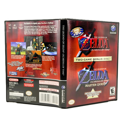 Nintendo GameCube game case for The Legend of Zelda: Ocarina of Time Two-Game Bonus Disc with Master Quest, showing the front cover, spine, and back panel on a white background.