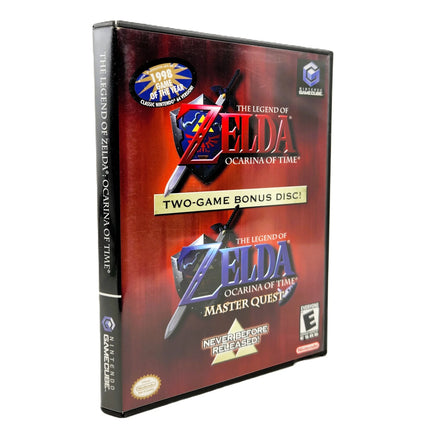 Nintendo GameCube edition of The Legend of Zelda: Ocarina of Time Two-Game Bonus Disc set with Master Quest , showing the game case presented at an angle showing spine