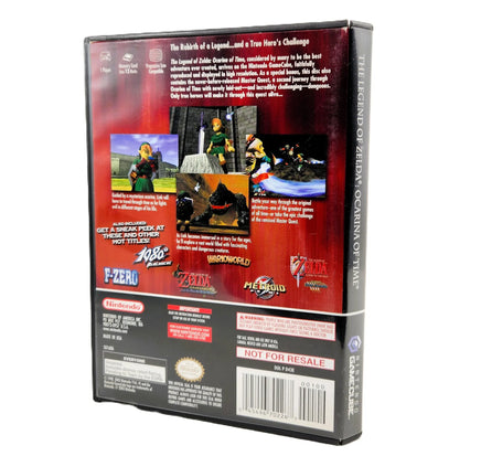 Nintendo GameCube edition of The Legend of Zelda: Ocarina of Time Two-Game Bonus Disc set with Master Quest , showing the back of the official game case presented at an angle showing spine and on the back game pics and printed details about the game
