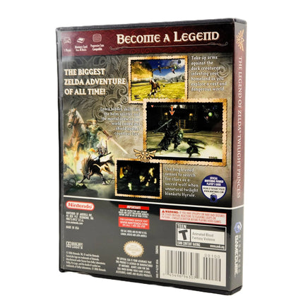 Nintendo GameCube game case for The Legend of Zelda: Twilight Princess, showing the back cover and spine on a plain white background.