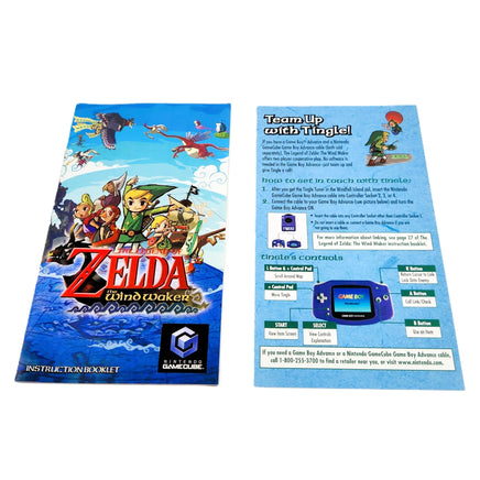 Nintendo GameCube instruction booklet for The Legend of Zelda: The Wind Waker, showing the front cover of the manual with character artwork and the Tingle insert beside it with control instructions and GBA compatibility details.
