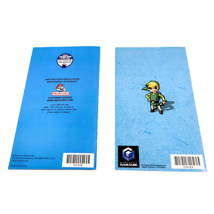 Rear view of Nintendo GameCube instruction booklet for The Legend of Zelda: The Wind Waker, showing the back cover of the manual with character artwork and the Tingle insert beside it.