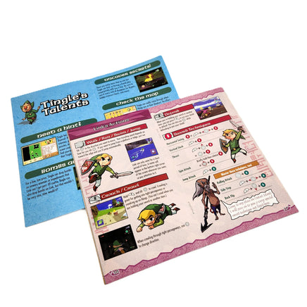 Nintendo GameCube instruction booklet for The Legend of Zelda: The Wind Waker, showing the booklet open to show centerfold staple binding. The Tingle insert is also presented showing detail.