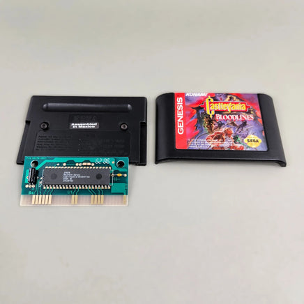 Castlevania: Bloodlines [Cardboard Box] Sega Genesis - Open view of genuine cartridge showing authentic game circuit board, like new condition