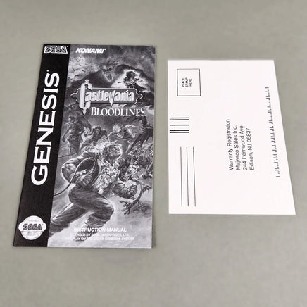 Castlevania: Bloodlines [Cardboard Box] Sega Genesis - Front view of authentic instruction manual and registration card, like new condition