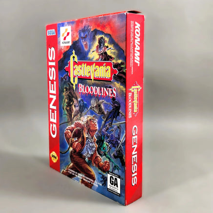 Castlevania: Bloodlines [Cardboard Box] Sega Genesis - Right side spine and front artwork view of authentic retail game box, like new condition
