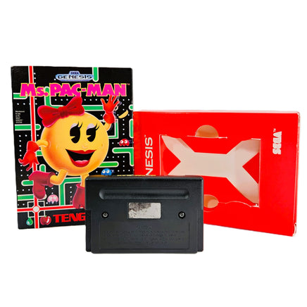Ms Pacman Cardboard Box Sega Genesis Good - Retail Game Box And Game Cartridge Back Shown With Inner Cardboard Tray