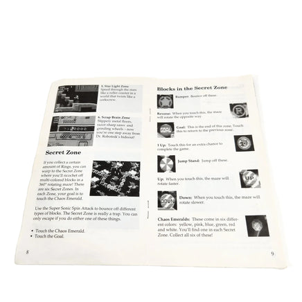 Sonic The Hedgehog Not For Resale Sega Genesis Good - Open view of instruction manual showing staple binding