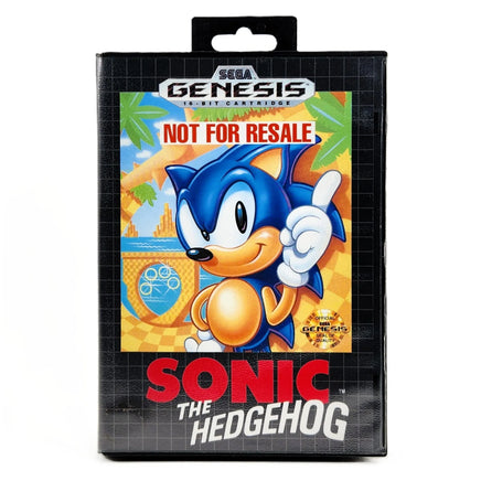A boxed Sega Genesis game case for Sonic the Hedgehog, shown front-facing on a plain white background. The package is black with a large colorful Sonic illustration and prominent red and white title text.