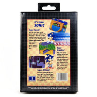 Back of a Sonic 1 video game case shown in a clean studio shot, featuring the Sonic character art, product text, and a barcode on a black plastic case.