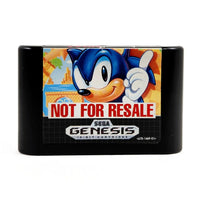A black Sega Genesis cartridge featuring  a Sonic the Hedgehog graphic with a 'NOT FOR RESALE' overlay, shown on a plain white background.