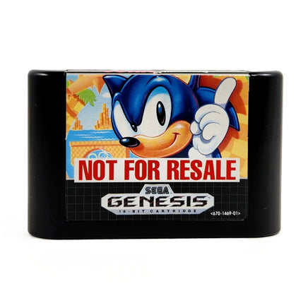 A black Sega Genesis cartridge featuring  a Sonic the Hedgehog graphic with a 'NOT FOR RESALE' overlay, shown on a plain white background.