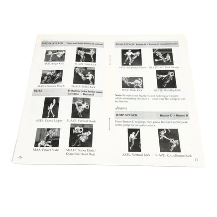 An open printed instruction booklet page for the Sega Genesis game Streets of Rage 2 showing black-and-white instructional diagrams and text for weapon techniques, photographed on a white background.