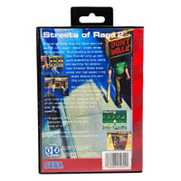 Back cover of a SEGA Streets of Rage 2 video game case, showing game artwork, text, a barcode, and a hanging tab on a plain white background.
