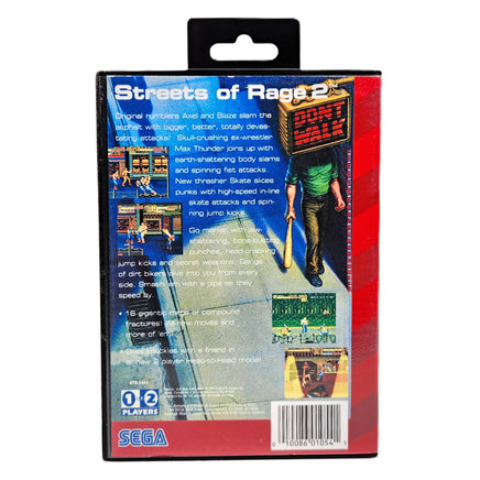 Back cover of a SEGA Streets of Rage 2 video game case, showing game artwork, text, a barcode, and a hanging tab on a plain white background.