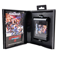 A black Genesis game with its game cartridge visible inside a black clamshell Genesis case. The case is open to show the front cover of the Streets of Rage 2 instruction manual on the left and the cartridge on the right.
