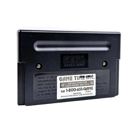 The back of a black Sega cartridge for Streets of Rage 2, showing the 'SEGA MADE IN JAPAN' logo and a white 'GAME TIME INC.' sticker, photographed on a white background.