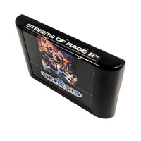 A vintage black Genesis game cartridge , featuring the cover art for 'Streets of Rage 2' on the front and 'STREETS OF RAGE 2' printed on the top edge.
