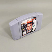 GoldenEye 007 for Nintendo 64 - Angled left-front view of authentic N64 cartridge showing label artwork, very good condition