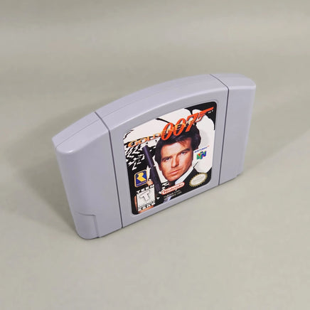 GoldenEye 007 for Nintendo 64 - Angled left-front view of authentic N64 cartridge showing label artwork, very good condition