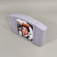 GoldenEye 007 for Nintendo 64 - Right-front angled view of authentic N64 cartridge showing label artwork, very good condition