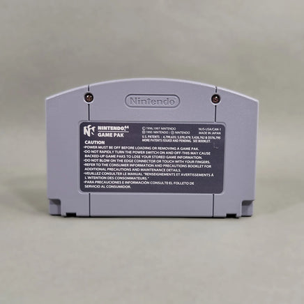 GoldenEye 007 for Nintendo 64 - Back view of authentic N64 game cartridge showing original caution label, very good condition