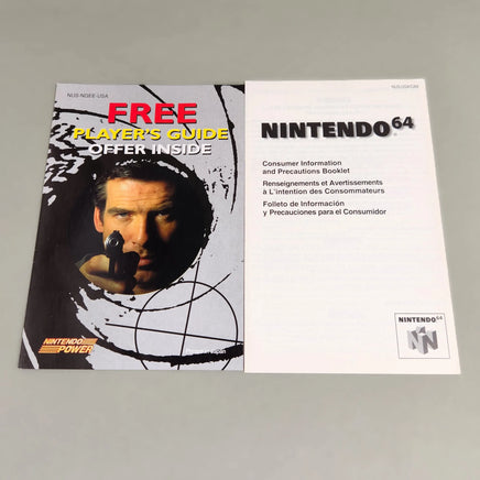 Nintendo 64 free player's guide booklet, showing the front cover with a black-and-white portrait and bold red and yellow text, alongside the inside page with product information and the Nintendo 64 logo.