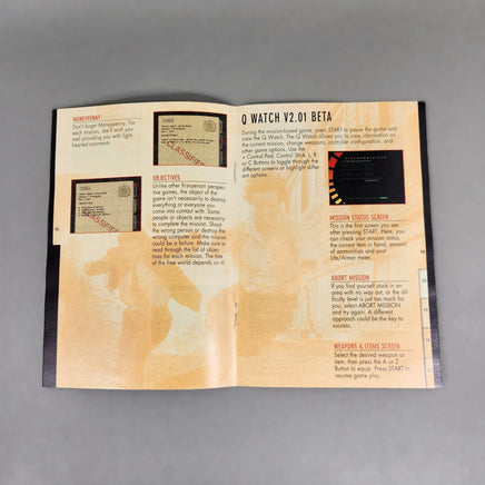 GoldenEye 007 for Nintendo 64 - Original N64 instruction manual opened to center pages showing intact staples, very good condition