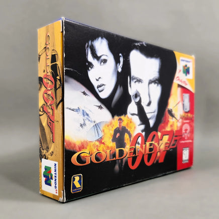GoldenEye 007 for Nintendo 64 - Angled view of original N64 game box showing front artwork and left spine, very good condition