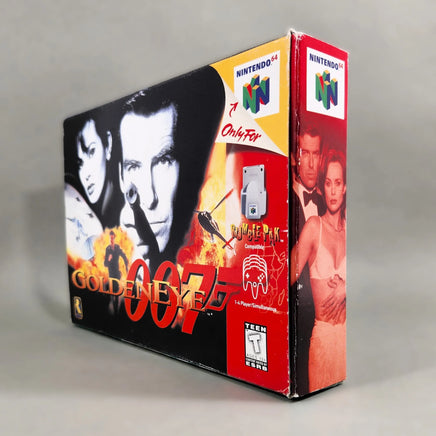 GoldenEye 007 for Nintendo 64 - Angled view of original N64 game box showing front artwork and right spine, very good condition