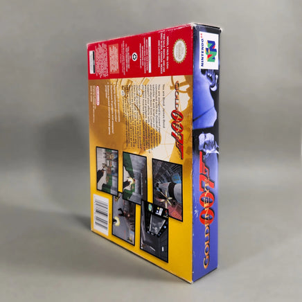 GoldenEye 007 for Nintendo 64 - Angled view of original N64 game box showing top spine and rear artwork, very good condition
