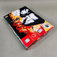 Nintendo 64 game box for 'GoldenEye 007, photographed on a neutral gray background.