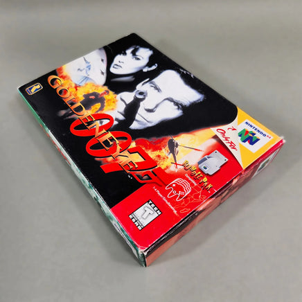 Nintendo 64 game box for 'GoldenEye 007, photographed on a neutral gray background.