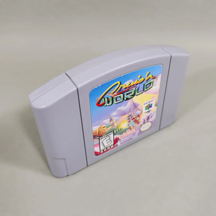 Cruis'n World for Nintendo 64 - Three-quarter view of original N64 game cart and cartridge shell, very good condition, loose