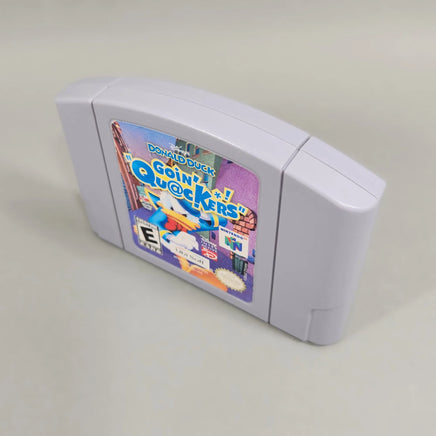 Disney's Donald Duck: Goin' Quackers for Nintendo 64 - Elevated right-front perspective of genuine game cartridge and label, very good condition, loose