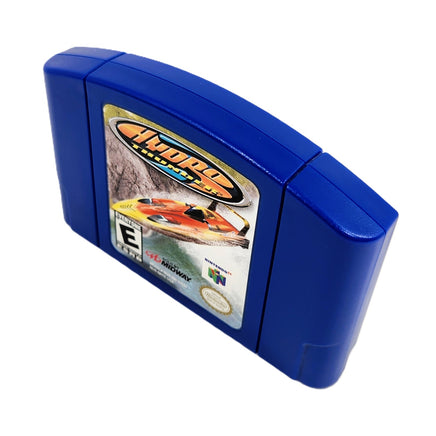 Hydro Thunder Blue Cart Nintendo 64 Very Good Loose - Angled top front view of authentic game cartridge showing label artwork