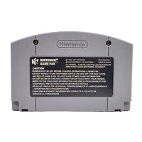 The back of a gray Nintendo Game Pak cartridge case, Kirby 64 Crystal Shards, showing the Nintendo logo and a black caution label with text.