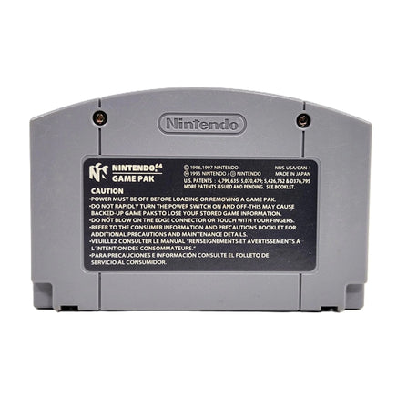 The back of a gray Nintendo Game Pak cartridge case, Kirby 64 Crystal Shards, showing the Nintendo logo and a black caution label with text.