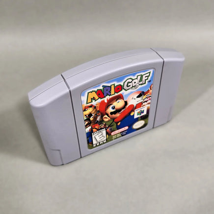 Mario Golf for Nintendo 64 - Three-quarter front view of classic gray N64 game cartridge, very good condition, loose
